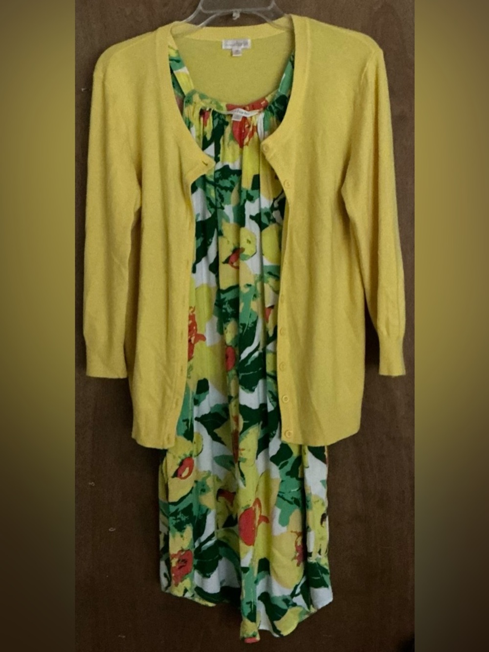 Charming Charlie Flowy Floral Dress With Yellow Button up Sweater Both Size M